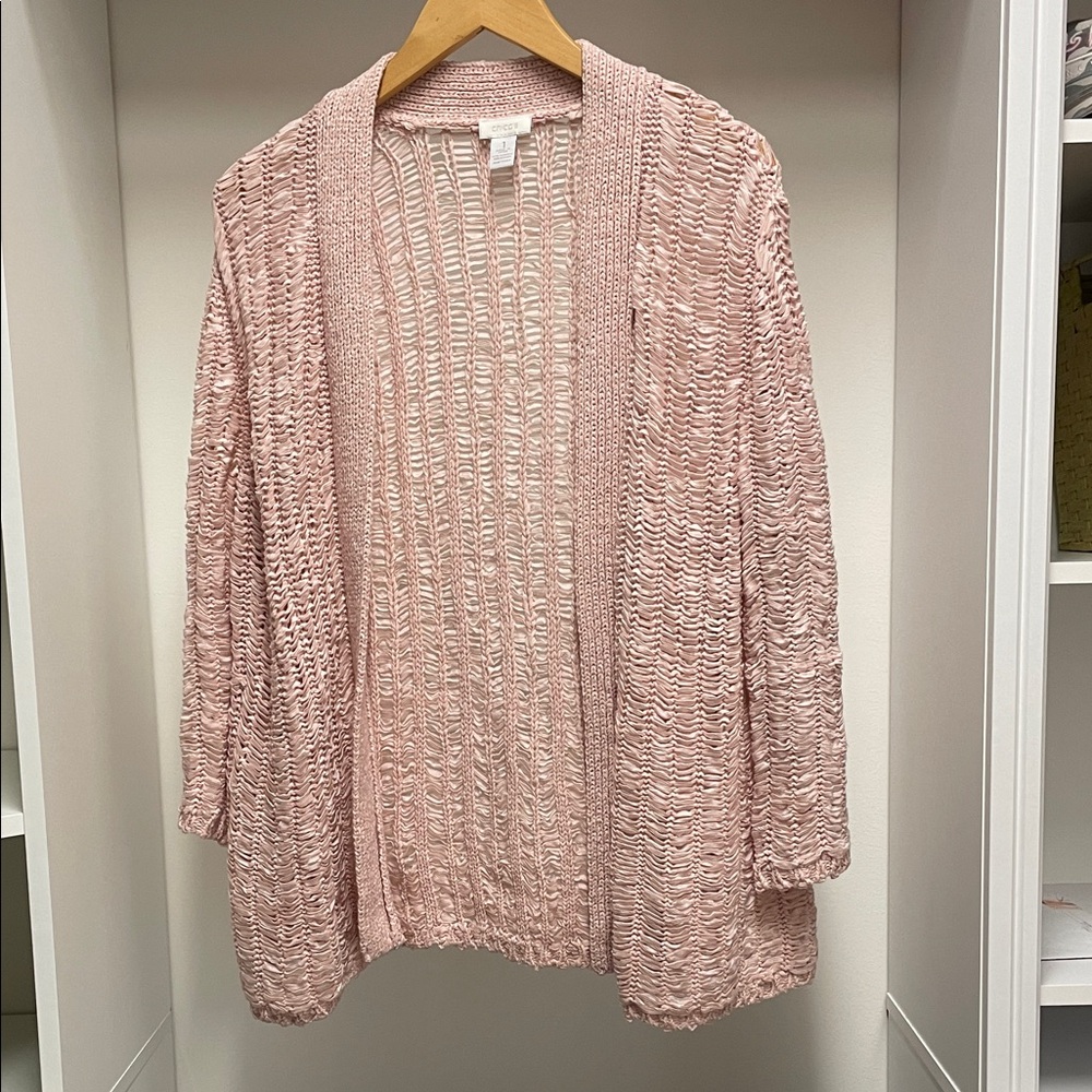 Chico's Textured Light Pink Open Knit Cardigan 3/4 Sleeves Size 1